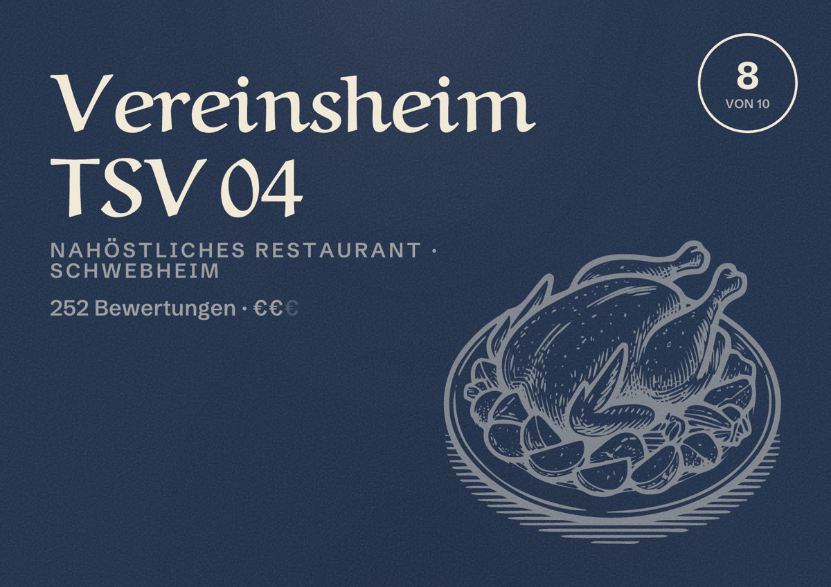 Illustriertes Poster von Vereinsheim TSV 04, Nahöstliches Restaurant in Schwebheim: Bewertung 8 von 10 aus 252 Bewertungen, Preisniveau €€