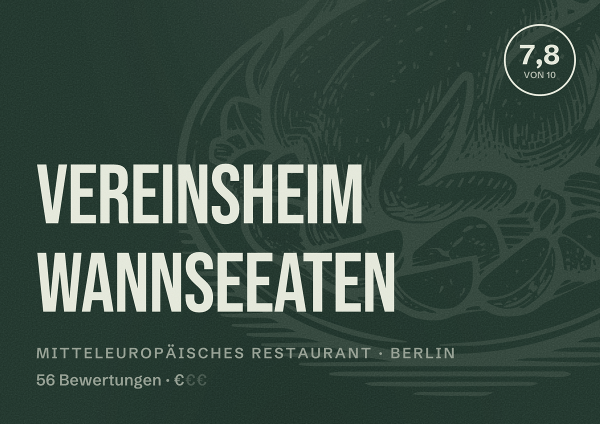 Illustriertes Poster von Vereinsheim Wannseeaten, Mitteleuropäisches Restaurant in Berlin: Bewertung 7,8 von 10 aus 56 Bewertungen, Preisniveau €