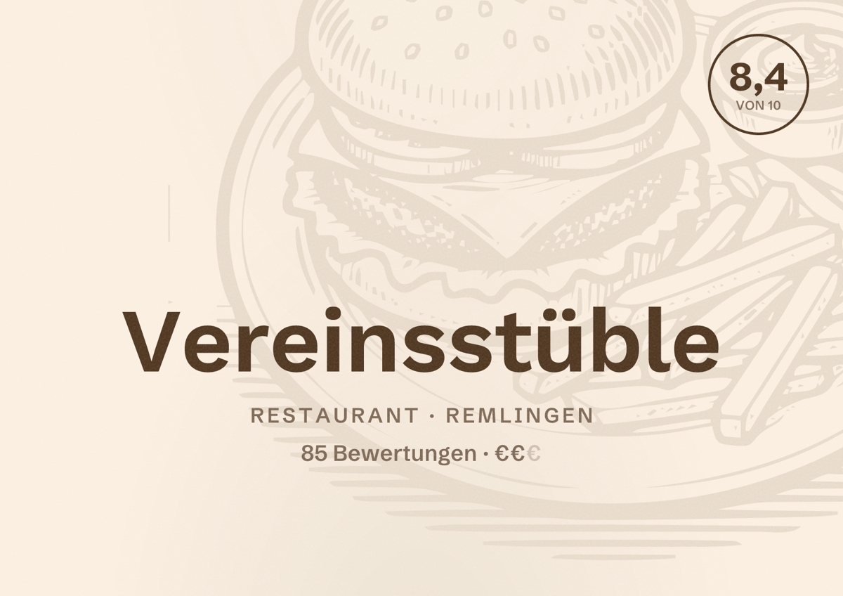 Illustriertes Poster von Vereinsstüble, Restaurant in Remlingen: Bewertung 8,4 von 10 aus 85 Bewertungen, Preisniveau €€