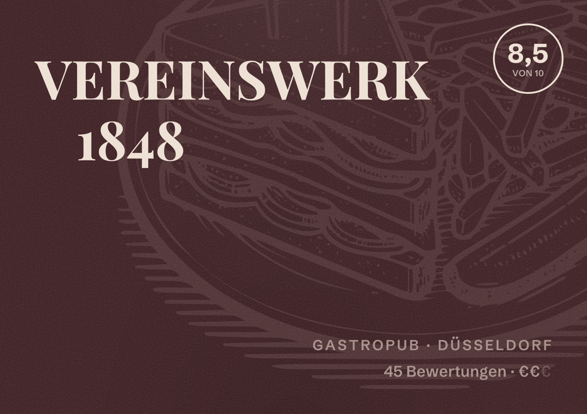 Illustriertes Poster von VEREINSWERK 1848, Gastropub in Düsseldorf: Bewertung 8,5 von 10 aus 45 Bewertungen, Preisniveau €€