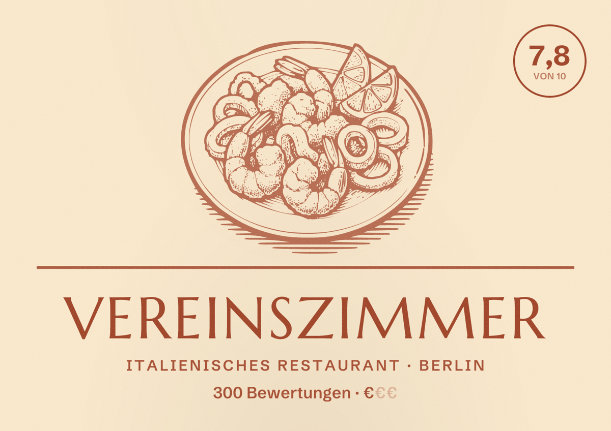 Illustriertes Poster von Vereinszimmer, Italienisches Restaurant in Berlin: Bewertung 7,8 von 10 aus 300 Bewertungen, Preisniveau €