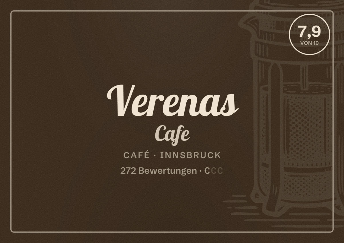 Illustriertes Poster von Verenas Cafe, Café in Innsbruck: Bewertung 7,9 von 10 aus 272 Bewertungen, Preisniveau €