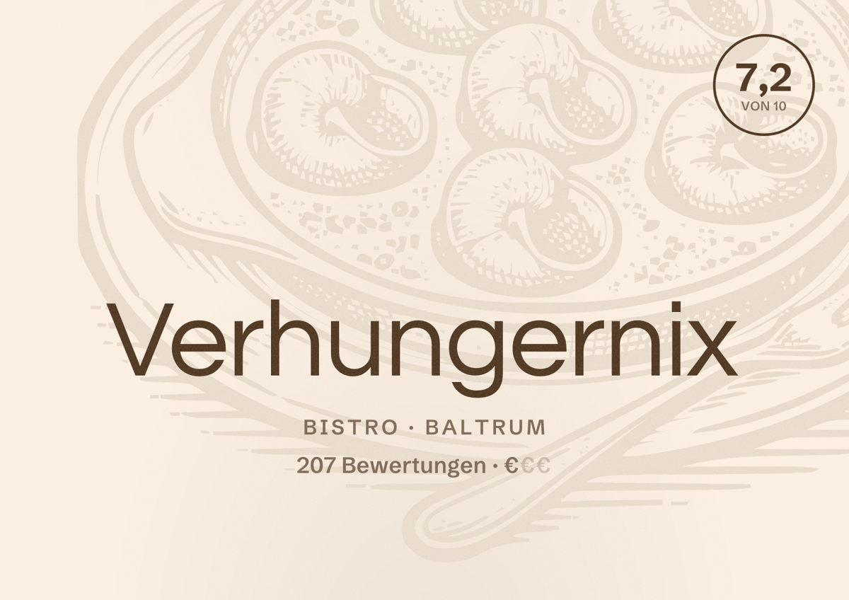 Illustriertes Poster von Verhungernix, Bistro in Baltrum: Bewertung 7,2 von 10 aus 207 Bewertungen, Preisniveau €
