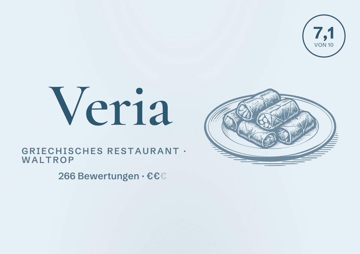 Illustriertes Poster von Veria, Griechisches Restaurant in Waltrop: Bewertung 7,1 von 10 aus 266 Bewertungen, Preisniveau €€