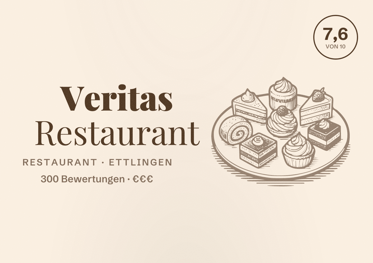 Illustriertes Poster von Veritas Restaurant, Restaurant in Ettlingen: Bewertung 7,6 von 10 aus 300 Bewertungen, Preisniveau €€€