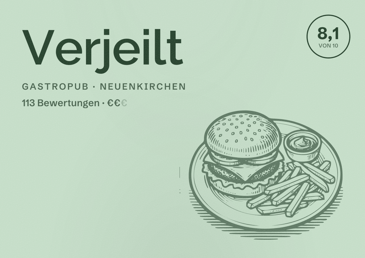 Illustriertes Poster von Verjeilt, Gastropub in Neuenkirchen: Bewertung 8,1 von 10 aus 113 Bewertungen, Preisniveau €€