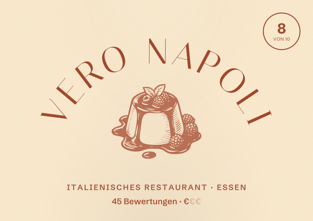 Illustriertes Poster von Vero Napoli, Italienisches Restaurant in Essen: Bewertung 8 von 10 aus 45 Bewertungen, Preisniveau €