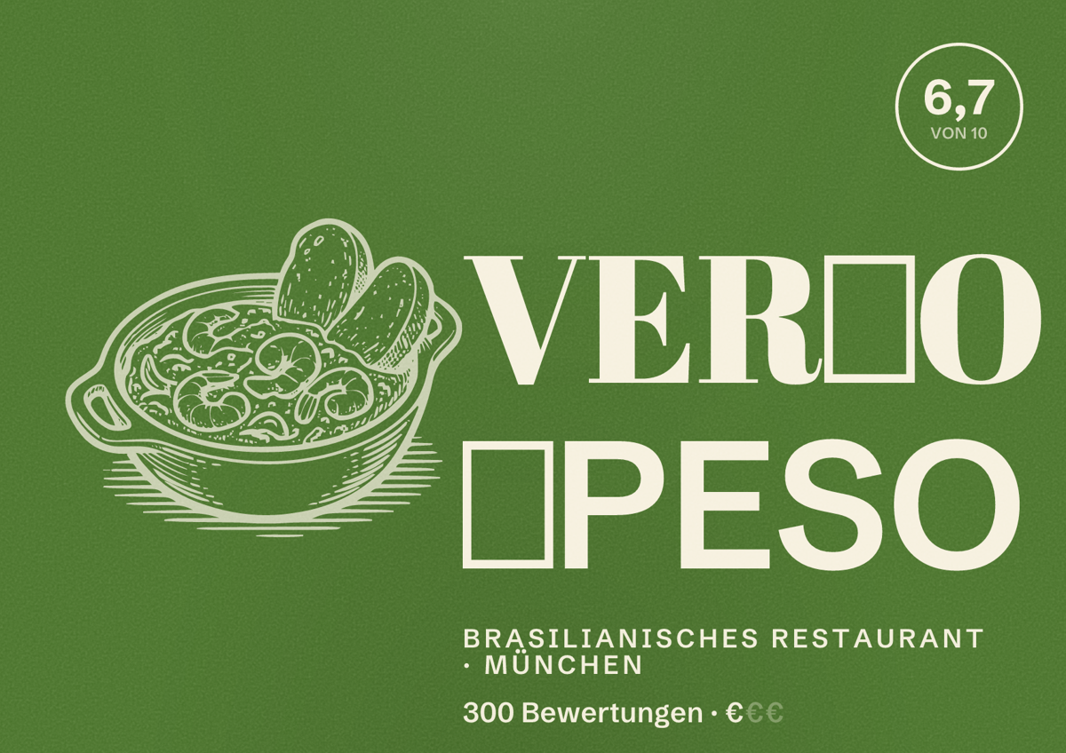 Illustriertes Poster von VER⋅O ⋅PESO, Brasilianisches Restaurant in München: Bewertung 6,7 von 10 aus 300 Bewertungen, Preisniveau €