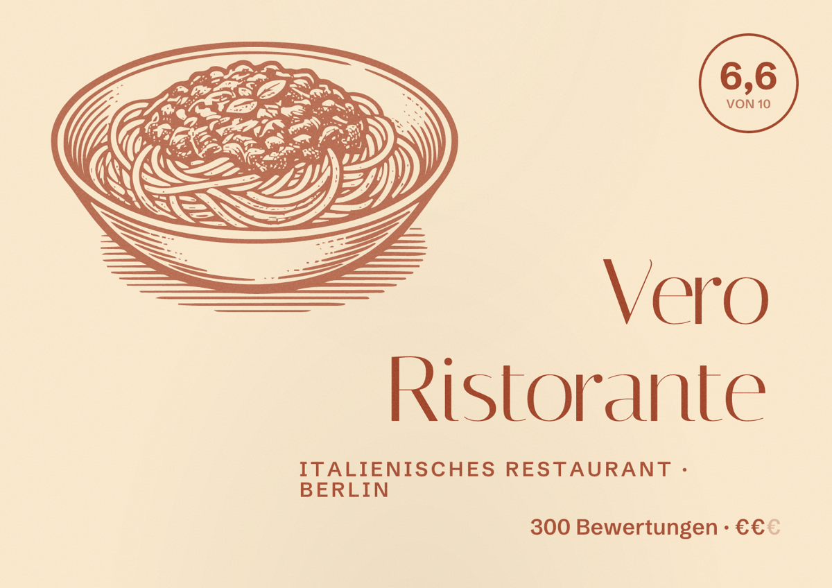 Illustriertes Poster von Vero Ristorante, Italienisches Restaurant in Berlin: Bewertung 6,6 von 10 aus 300 Bewertungen, Preisniveau €€