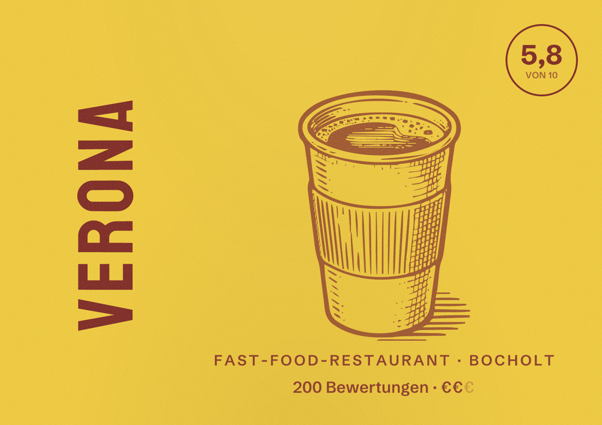 Illustriertes Poster von Verona, Fast-Food-Restaurant in Bocholt: Bewertung 5,8 von 10 aus 200 Bewertungen, Preisniveau €€