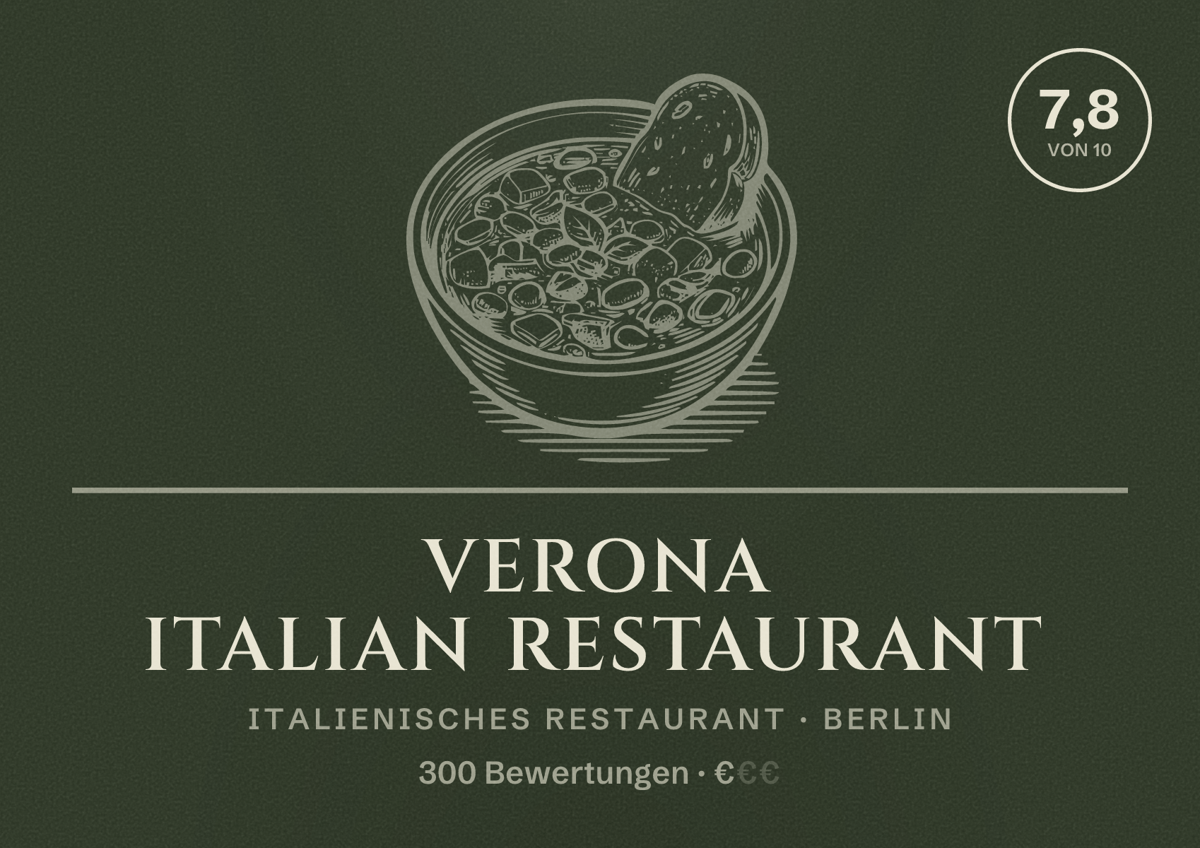 Illustriertes Poster von Verona Italian Restaurant, Italienisches Restaurant in Berlin: Bewertung 7,8 von 10 aus 300 Bewertungen, Preisniveau €