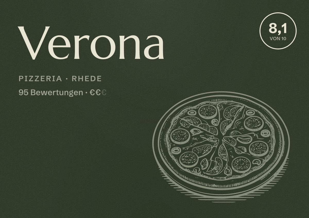 Illustriertes Poster von Verona, Pizzeria in Rhede: Bewertung 8,1 von 10 aus 95 Bewertungen, Preisniveau €€