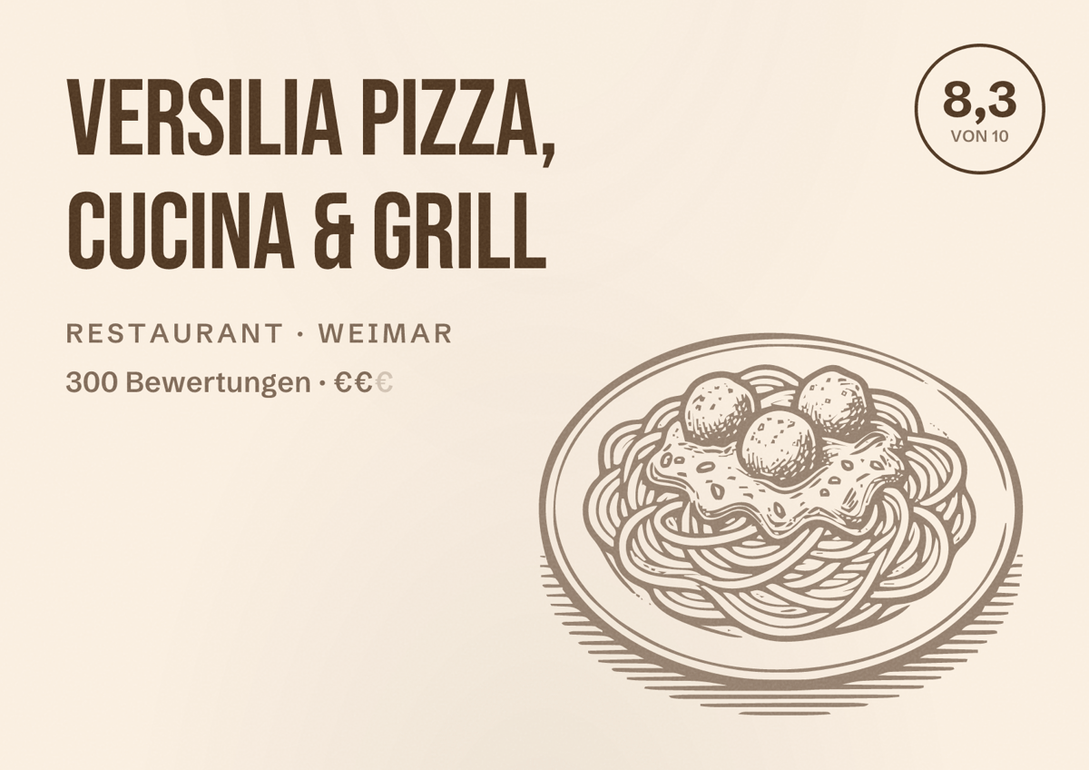 Illustriertes Poster von Versilia Pizza, Cucina & Grill, Restaurant in Weimar: Bewertung 8,3 von 10 aus 300 Bewertungen, Preisniveau €€