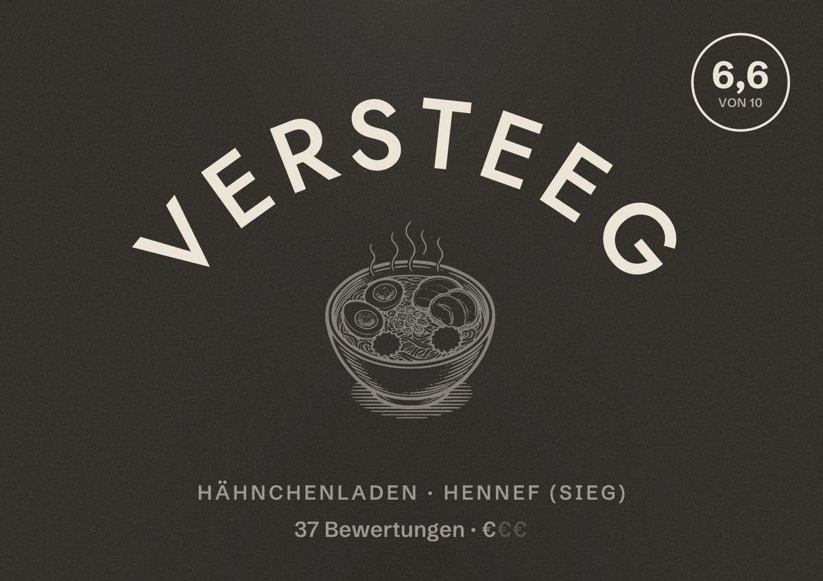 Illustriertes Poster von Versteeg, Hähnchenladen in Hennef (Sieg): Bewertung 6,6 von 10 aus 37 Bewertungen, Preisniveau €