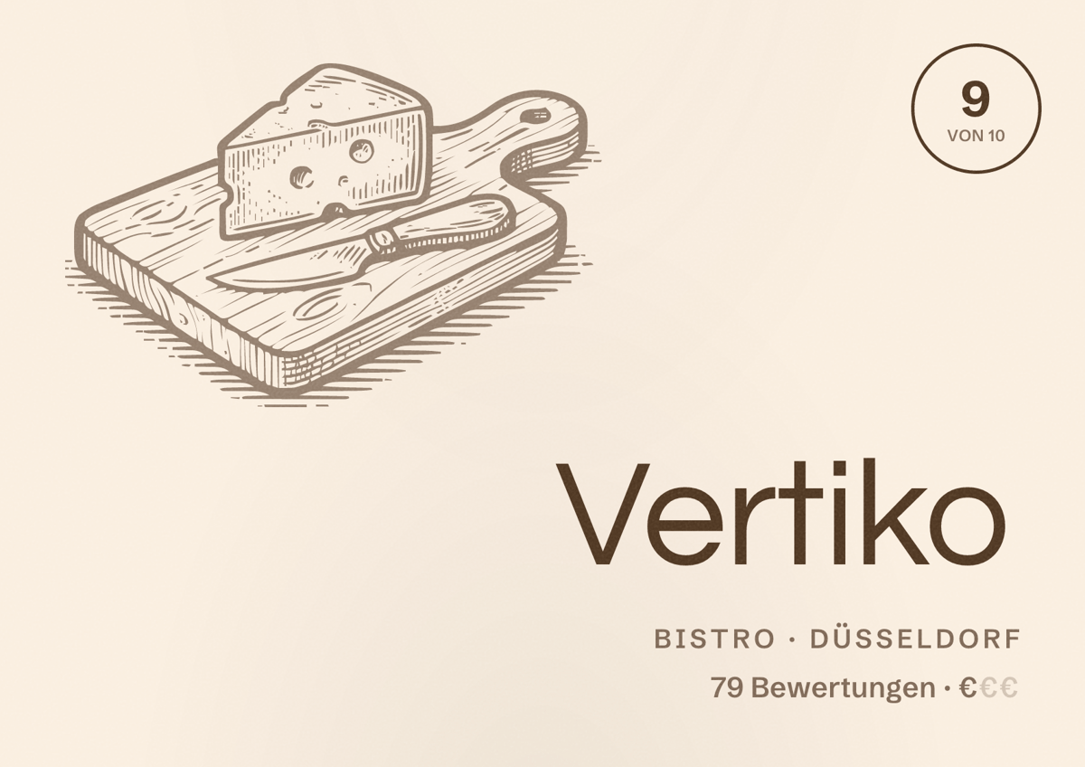Illustriertes Poster von Vertiko, Bistro in Düsseldorf: Bewertung 9,0 von 10 aus 79 Bewertungen, Preisniveau €