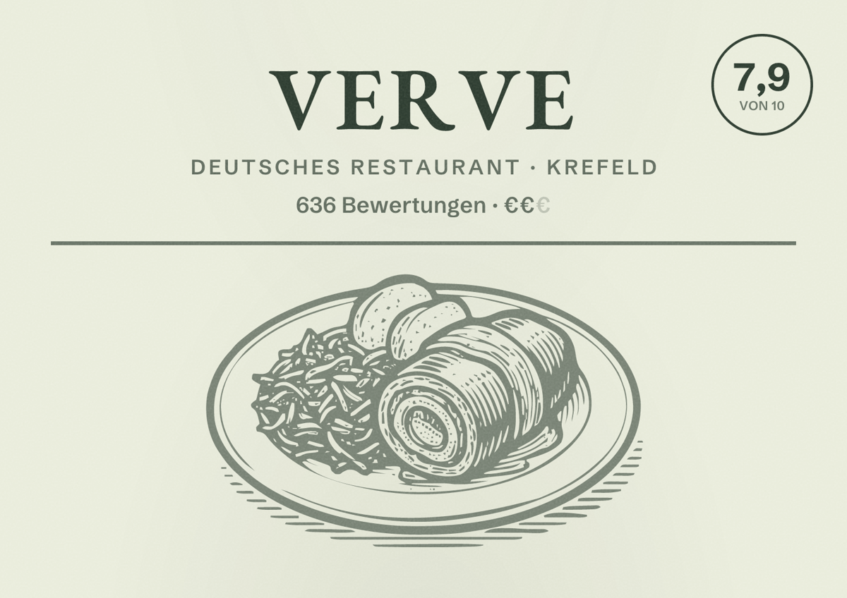 Illustriertes Poster von Verve, Deutsches Restaurant in Krefeld: Bewertung 7,9 von 10 aus 636 Bewertungen, Preisniveau €€