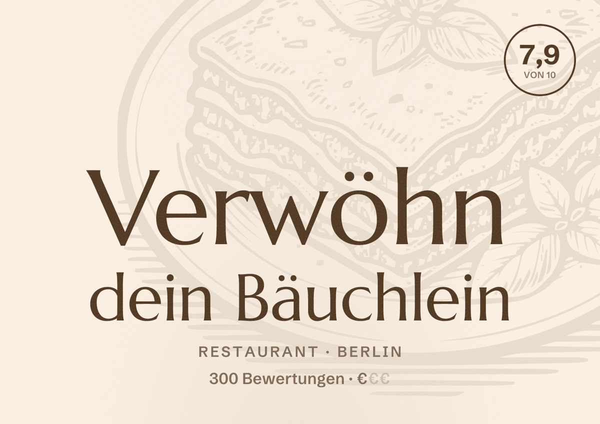 Illustriertes Poster von Verwöhn dein Bäuchlein, Restaurant in Berlin: Bewertung 7,9 von 10 aus 300 Bewertungen, Preisniveau €