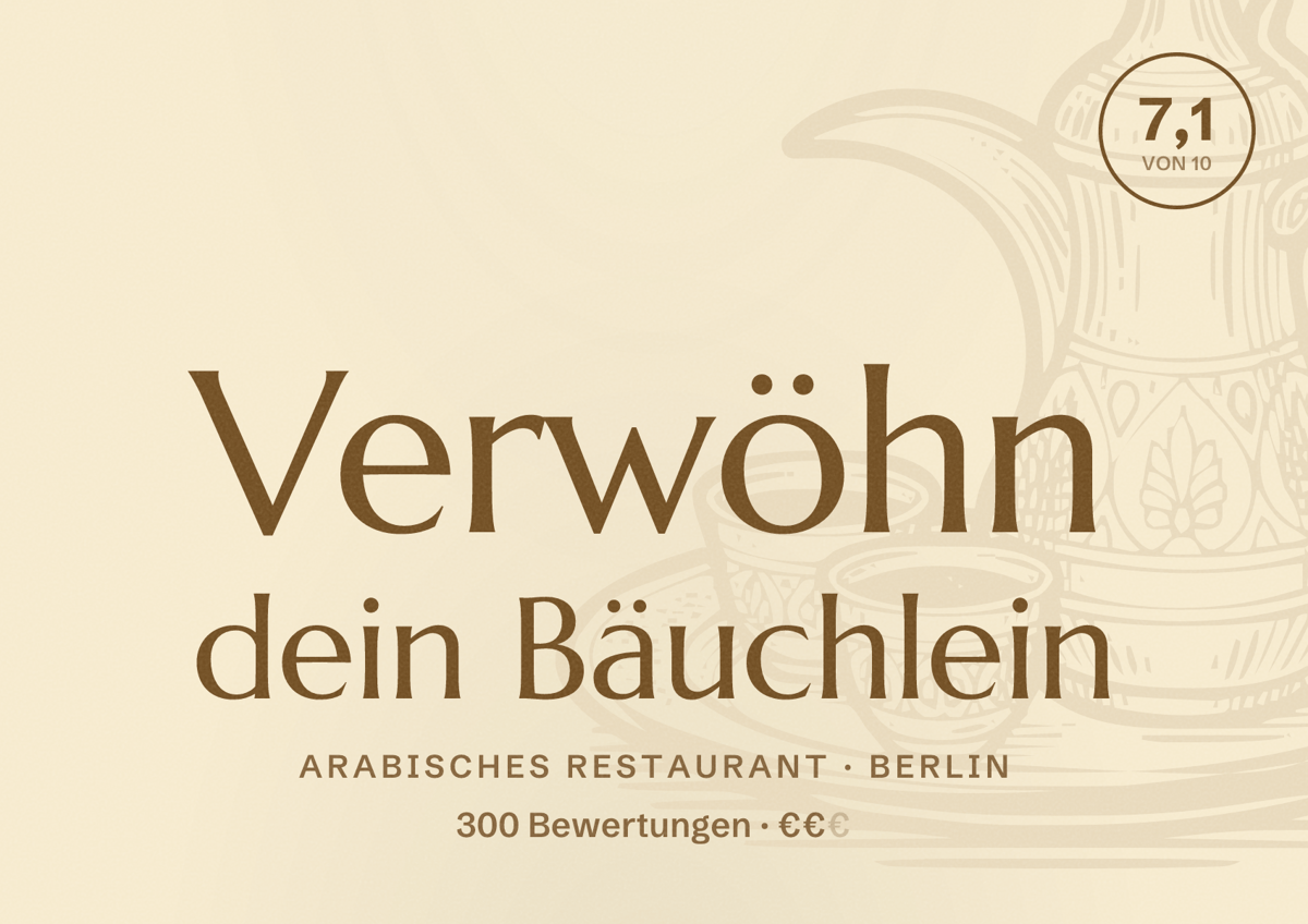 Illustriertes Poster von Verwöhn dein Bäuchlein, Arabisches Restaurant in Berlin: Bewertung 7,1 von 10 aus 300 Bewertungen, Preisniveau €€