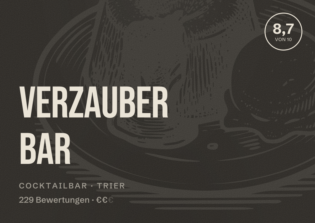 Illustriertes Poster von Verzauber Bar, Cocktailbar in Trier: Bewertung 8,7 von 10 aus 229 Bewertungen, Preisniveau €€