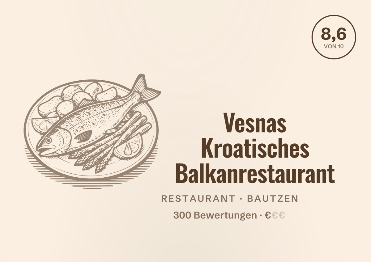 Illustriertes Poster von Vesnas Kroatisches Balkanrestaurant, Restaurant in Bautzen: Bewertung 8,6 von 10 aus 300 Bewertungen, Preisniveau €