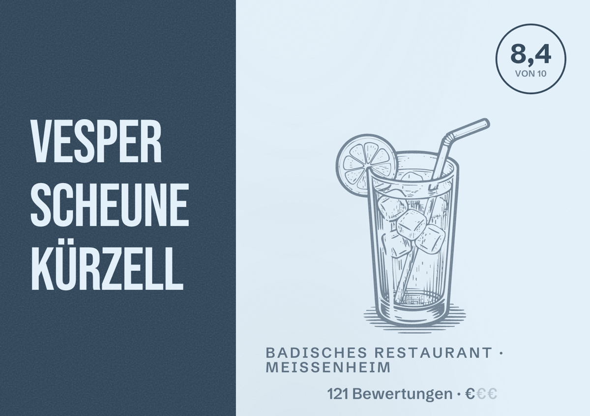 Illustriertes Poster von Vesper Scheune Kürzell, Badisches Restaurant in Meißenheim: Bewertung 8,4 von 10 aus 121 Bewertungen, Preisniveau €