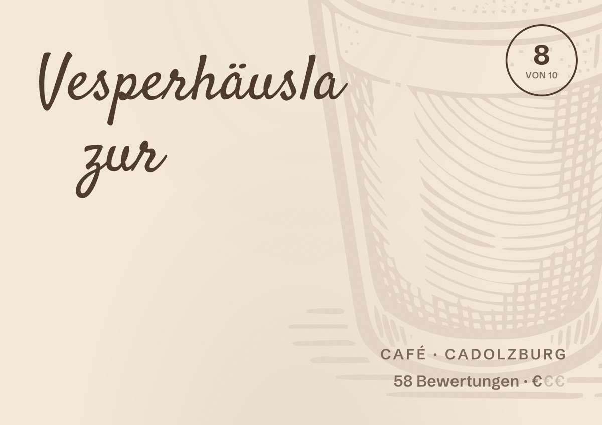 Illustriertes Poster von Vesperhäusla zur, Café in Cadolzburg: Bewertung 8 von 10 aus 58 Bewertungen, Preisniveau €