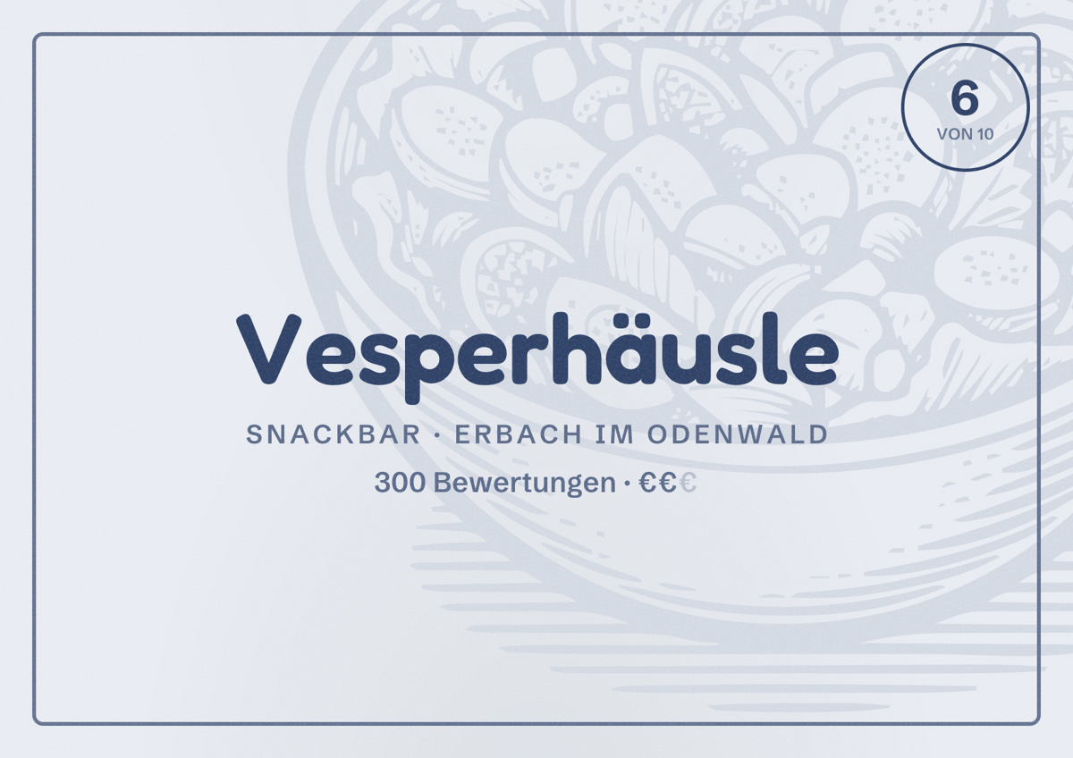 Illustriertes Poster von Vesperhäusle, Snackbar in Erbach im Odenwald: Bewertung 6 von 10 aus 300 Bewertungen, Preisniveau €€