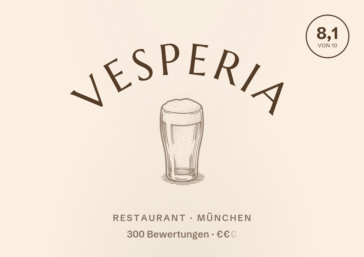 Illustriertes Poster von Vesperia, Restaurant in München: Bewertung 8,1 von 10 aus 300 Bewertungen, Preisniveau €€