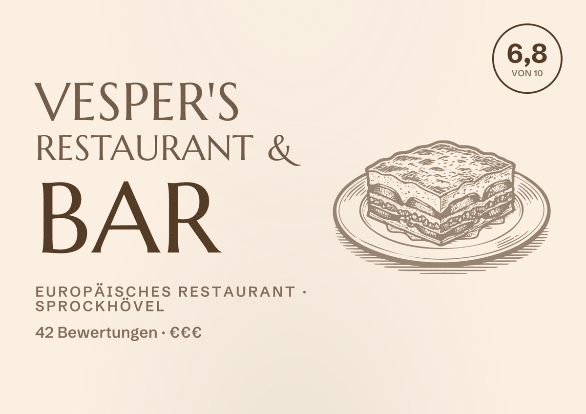 Illustriertes Poster von VESPER'S Restaurant & Bar, Europäisches Restaurant in Sprockhövel: Bewertung 6,8 von 10 aus 42 Bewertungen, Preisniveau €€€