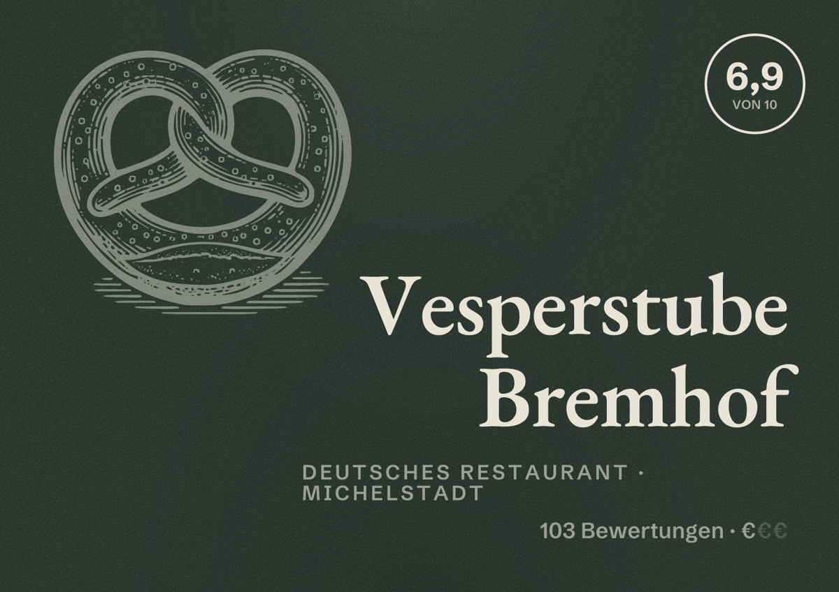 Illustriertes Poster von Vesperstube Bremhof, Deutsches Restaurant in Michelstadt: Bewertung 6,9 von 10 aus 103 Bewertungen, Preisniveau €