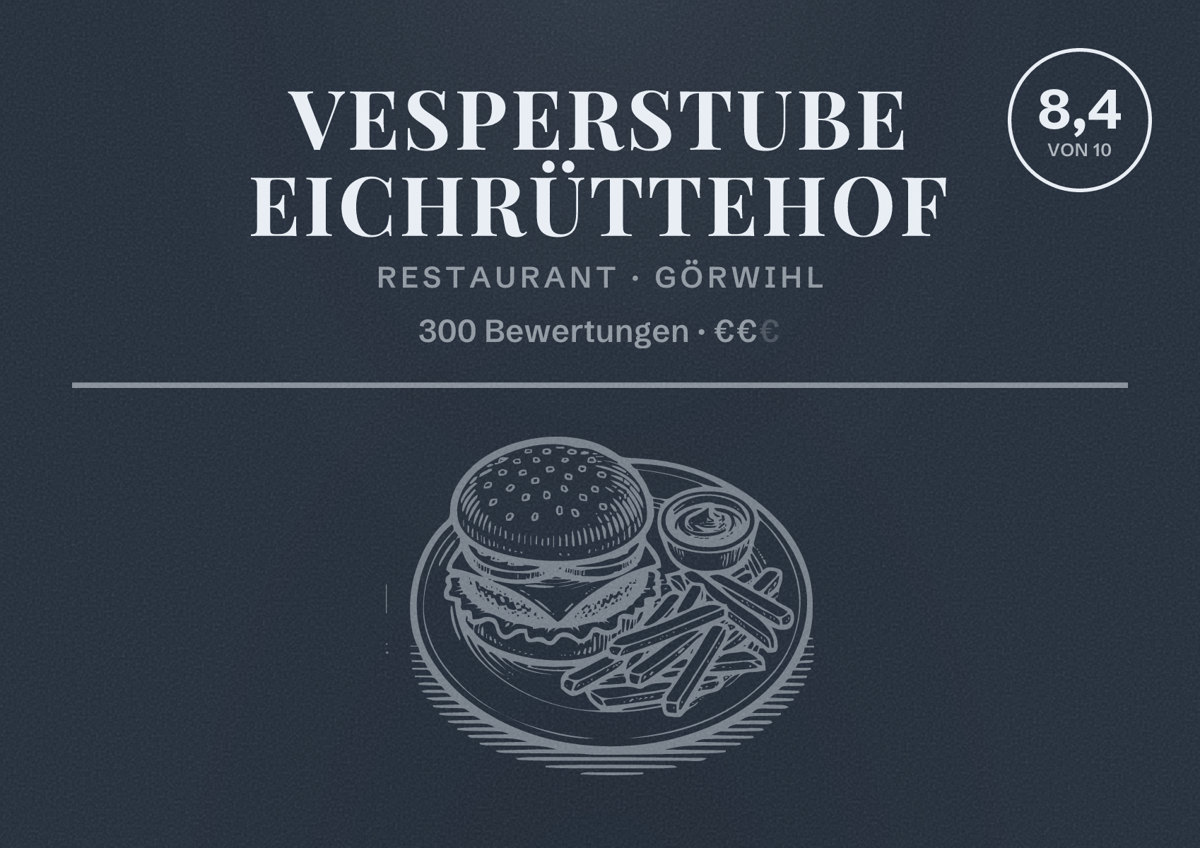 Illustriertes Poster von Vesperstube Eichrüttehof, Restaurant in Görwihl: Bewertung 8,4 von 10 aus 300 Bewertungen, Preisniveau €€