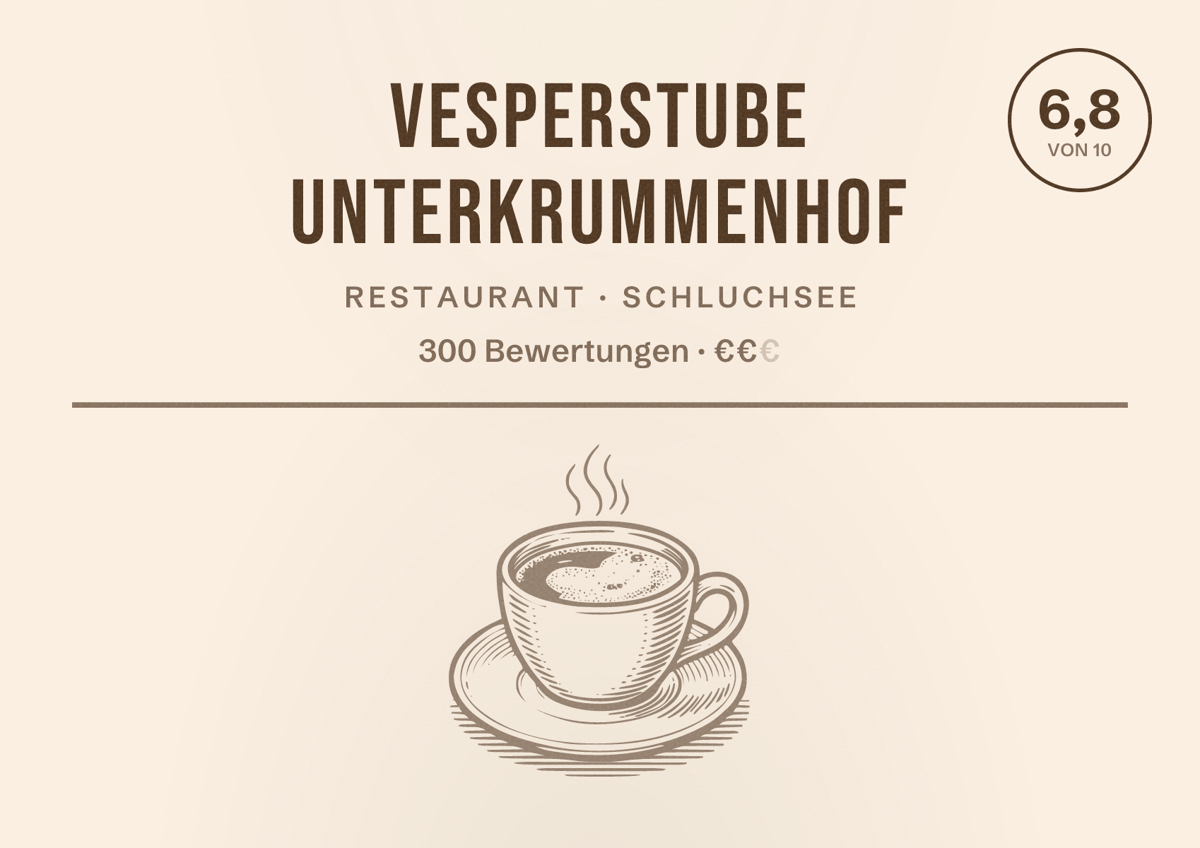 Illustriertes Poster von Vesperstube Unterkrummenhof, Restaurant in Schluchsee: Bewertung 6,8 von 10 aus 300 Bewertungen, Preisniveau €€
