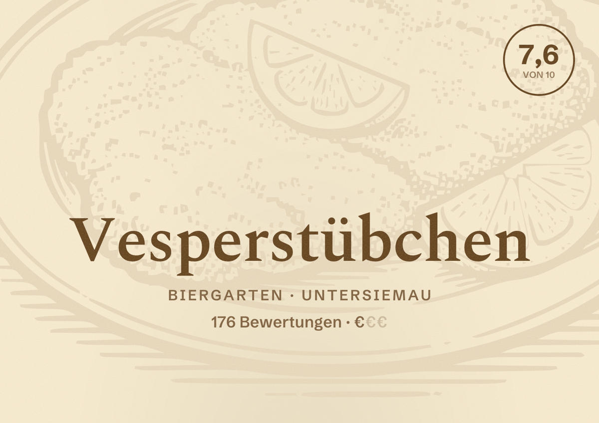 Illustriertes Poster von Vesperstübchen, Biergarten in Untersiemau: Bewertung 7,6 von 10 aus 176 Bewertungen, Preisniveau €