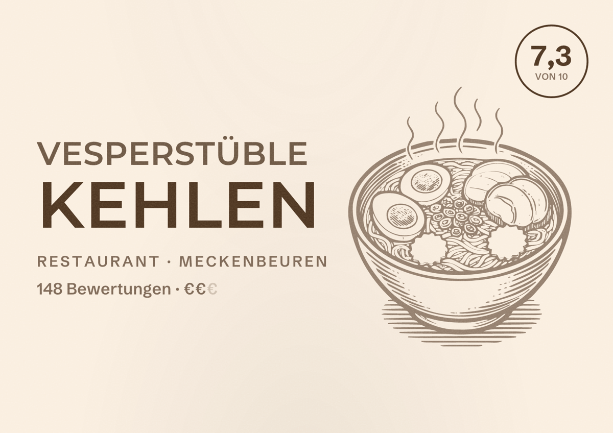 Illustriertes Poster von Vesperstüble Kehlen, Restaurant in Meckenbeuren: Bewertung 7,3 von 10 aus 148 Bewertungen, Preisniveau €€