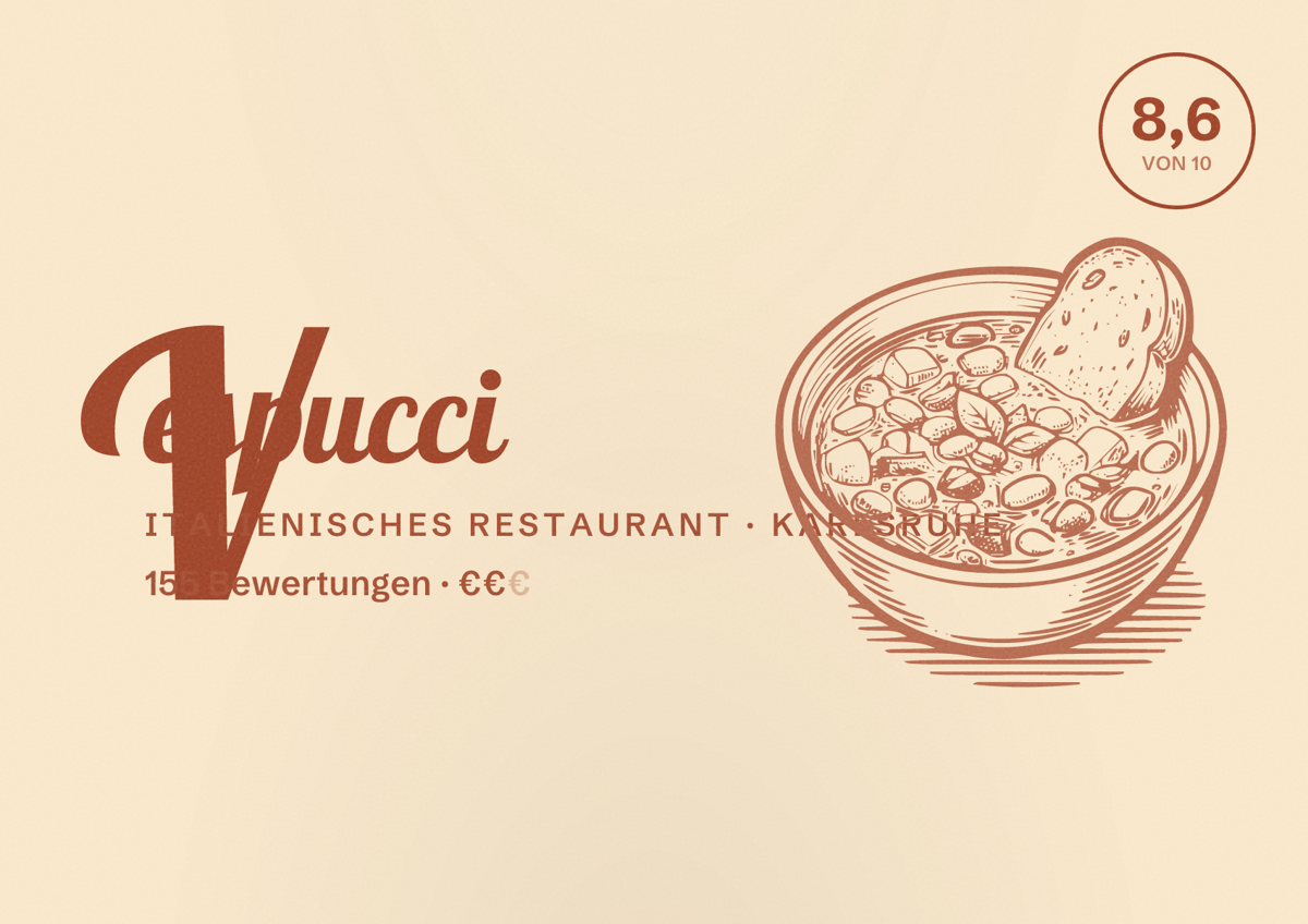 Illustriertes Poster von Vespucci, Italienisches Restaurant in Karlsruhe: Bewertung 8,6 von 10 aus 155 Bewertungen, Preisniveau €€
