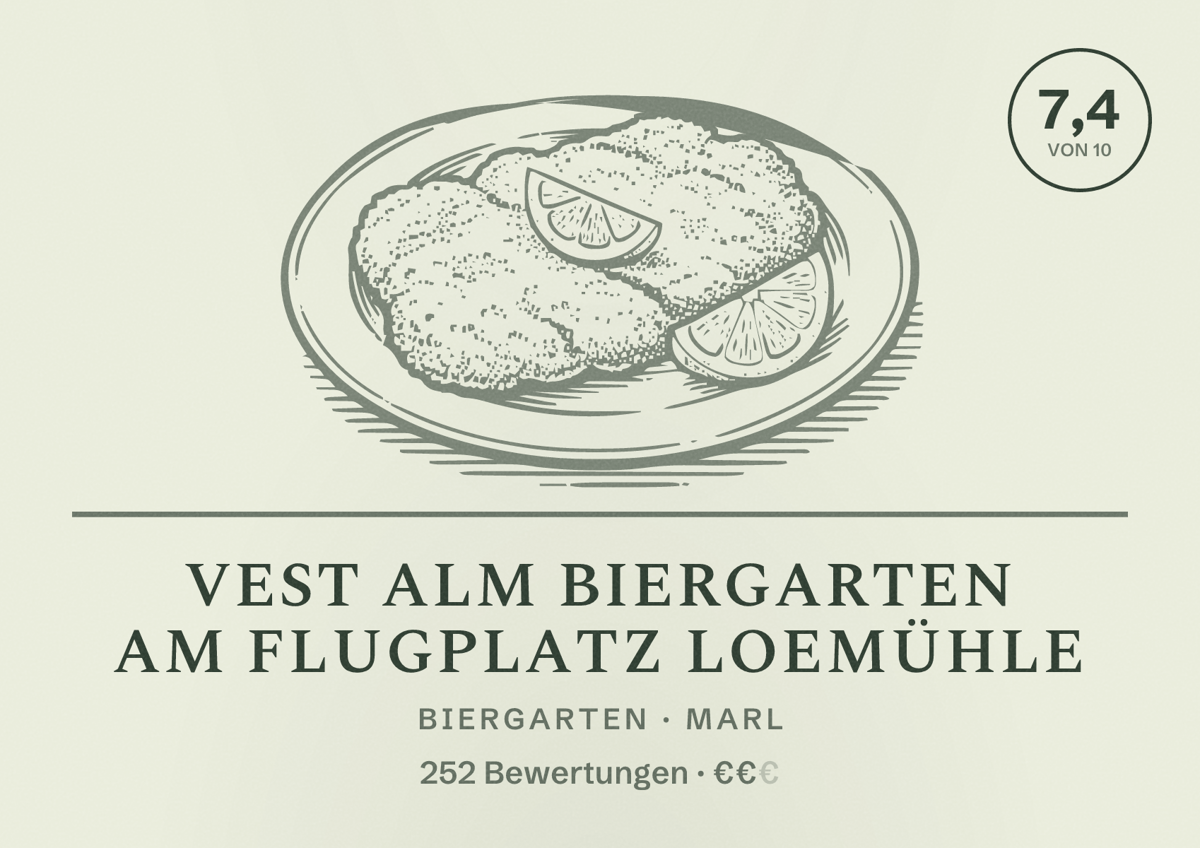 Illustriertes Poster von Vest Alm Biergarten am Flugplatz Loemühle, Biergarten in Marl: Gästebewertung 7,4 von 10 aus 252 Bewertungen