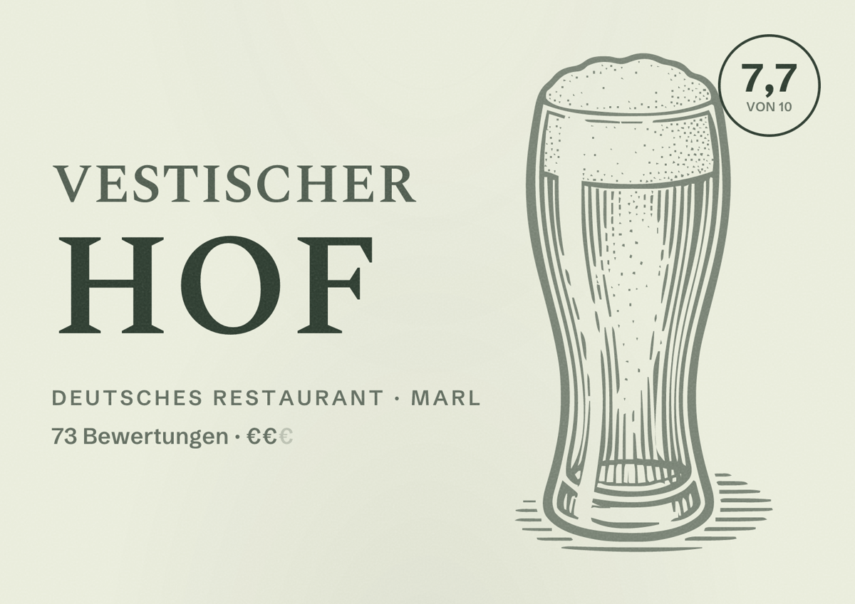 Illustriertes Poster von Vestischer Hof, Deutsches Restaurant in Marl: Bewertung 7,7 von 10 aus 73 Bewertungen, Preisniveau €€