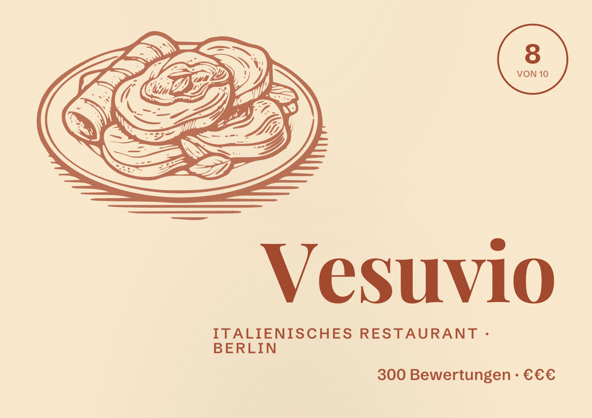 Illustriertes Poster von Vesuvio, Italienisches Restaurant in Berlin: Bewertung 8,0 von 10 aus 300 Bewertungen, Preisniveau €€€