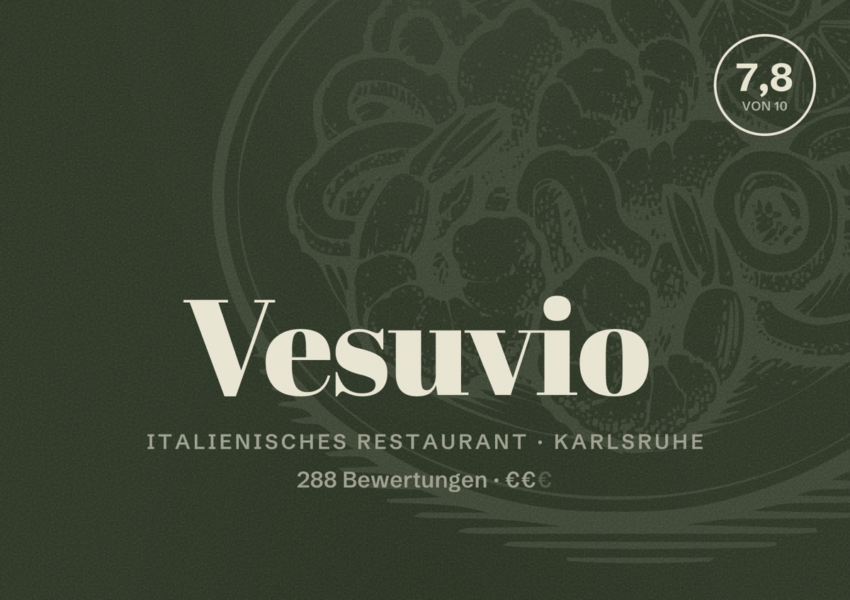 Illustriertes Poster von Vesuvio, Italienisches Restaurant in Karlsruhe: Bewertung 7,8 von 10 aus 288 Bewertungen, Preisniveau €€