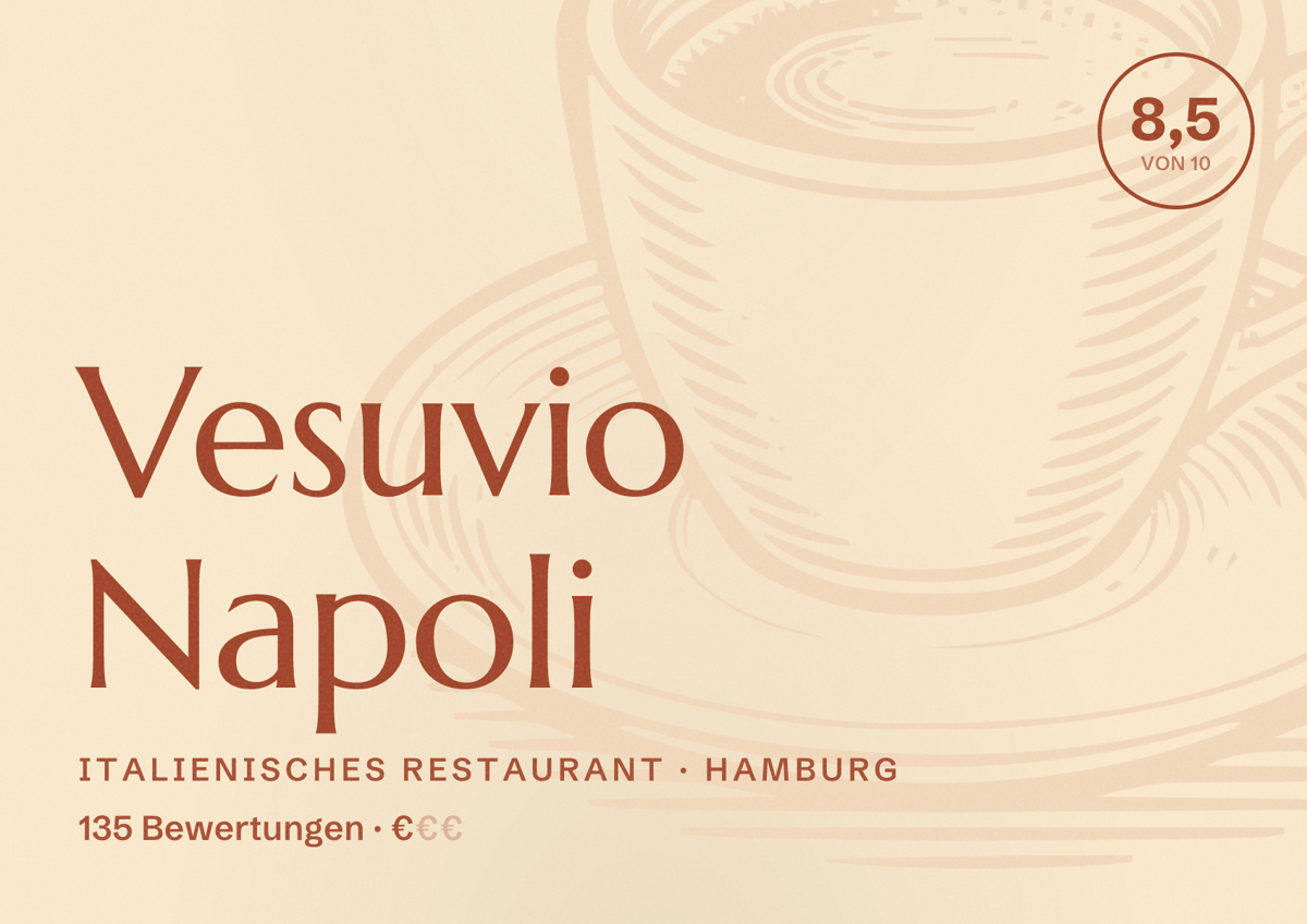Illustriertes Poster von Vesuvio Napoli, Italienisches Restaurant in Hamburg: Bewertung 8,5 von 10 aus 135 Bewertungen, Preisniveau €