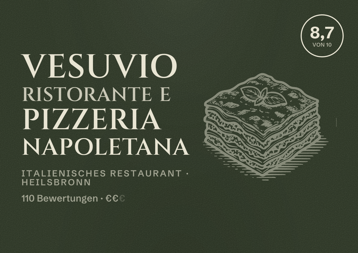 Illustriertes Poster von Vesuvio ristorante e pizzeria napoletana, Italienisches Restaurant in Heilsbronn: Bewertung 8,7 von 10 aus 110 Bewertungen, Preisniveau €€