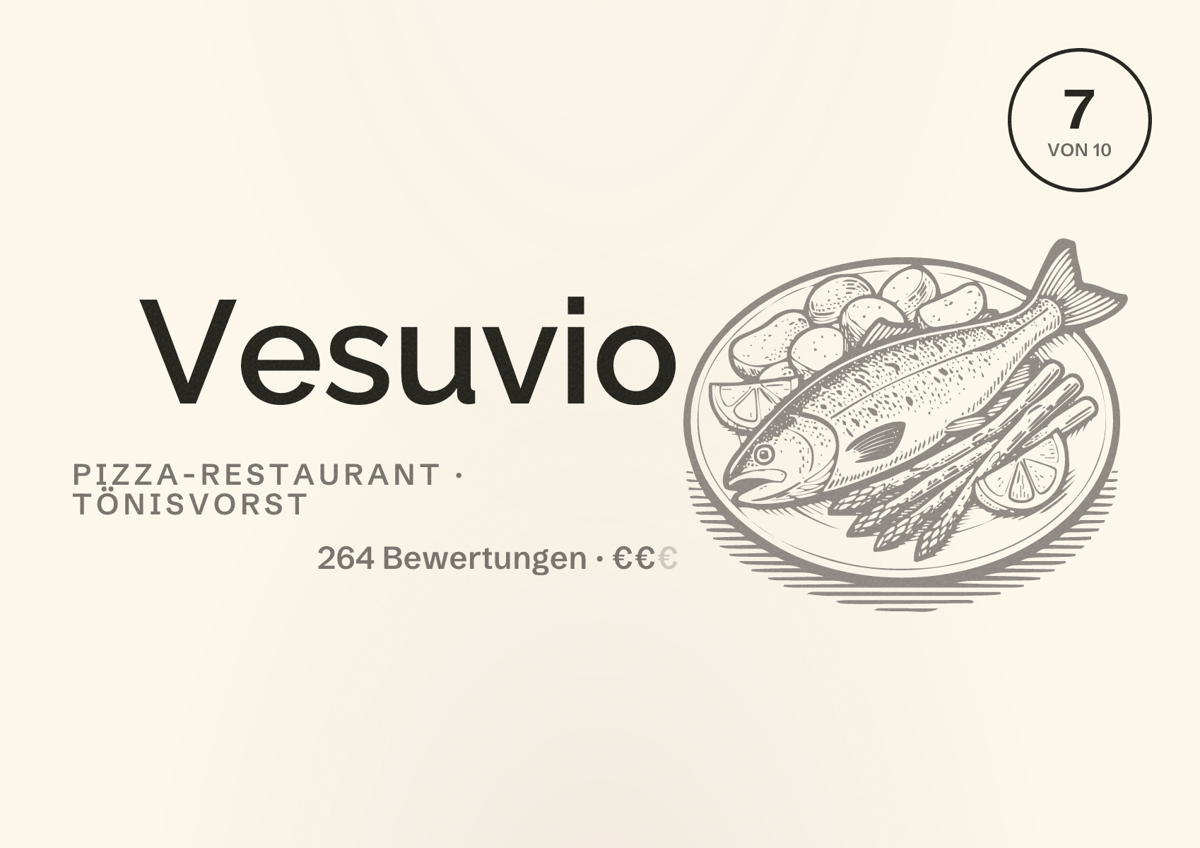 Illustriertes Poster von Vesuvio, Pizza-Restaurant in Tönisvorst: Bewertung 7 von 10 aus 264 Bewertungen, Preisniveau €€