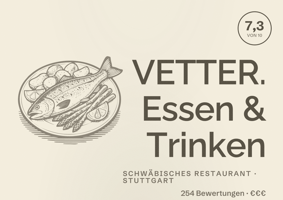 Illustriertes Poster von VETTER. Essen & Trinken, Schwäbisches Restaurant in Stuttgart: Bewertung 7,3 von 10 aus 254 Bewertungen, Preisniveau €€€