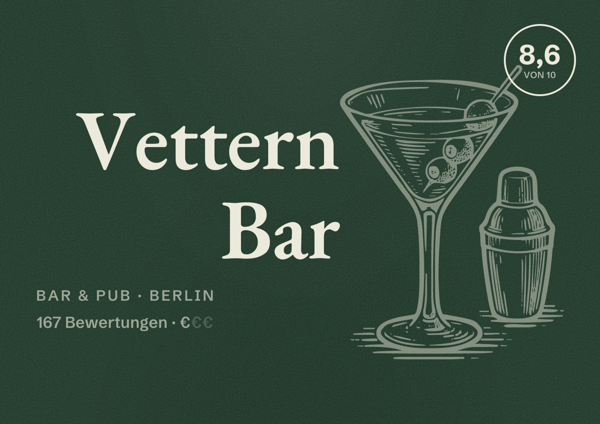 Illustriertes Poster von Vettern Bar, Bar & Pub in Berlin: Bewertung 8,6 von 10 aus 167 Bewertungen, Preisniveau €