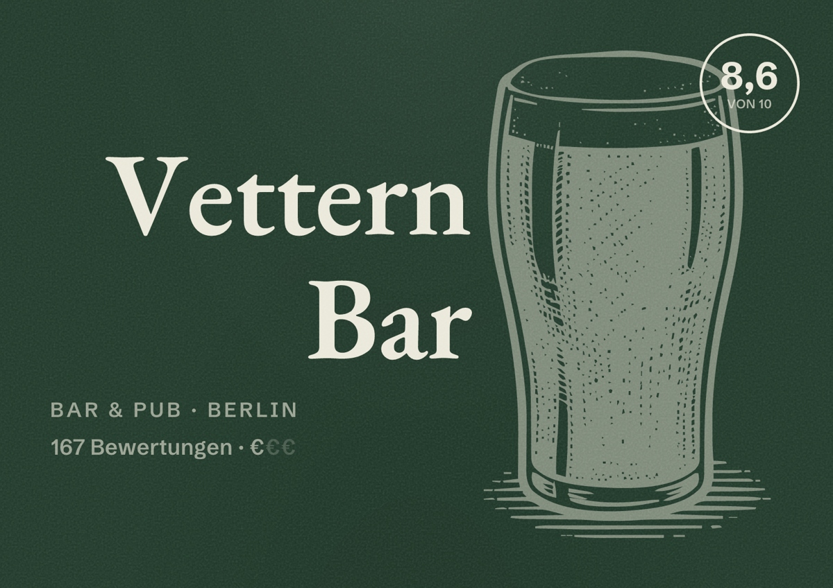 Illustriertes Poster von Vettern Bar, Bar & Pub in Berlin: Bewertung 8,6 von 10 aus 167 Bewertungen, Preisniveau €