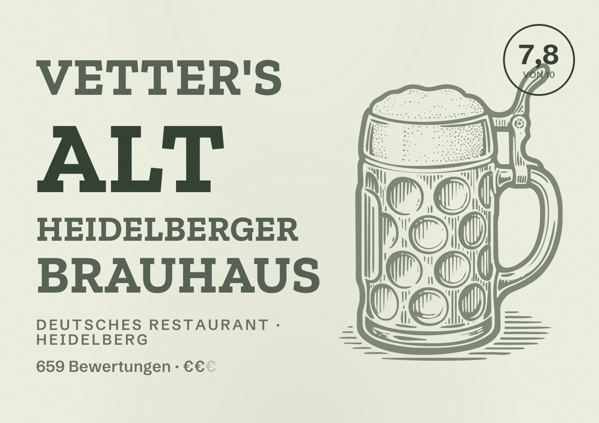 Illustriertes Poster von Vetter's Alt Heidelberger Brauhaus, Deutsches Restaurant in Heidelberg: Bewertung 7,8 von 10 aus 659 Bewertungen, Preisniveau €€