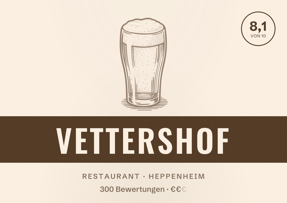 Illustriertes Poster von Vettershof, Restaurant in Heppenheim: Bewertung 8,1 von 10 aus 300 Bewertungen, Preisniveau €€