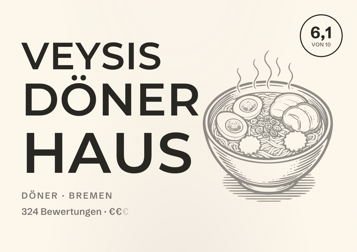 Illustriertes Poster von Veysis Döner Haus, Döner in Bremen: Bewertung 6,1 von 10 aus 324 Bewertungen, Preisniveau €€