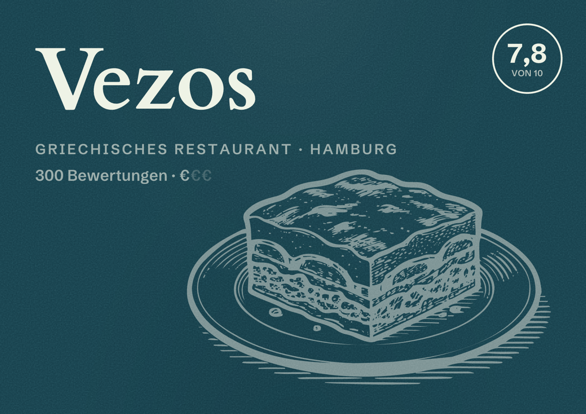 Illustriertes Poster von Vezos, Griechisches Restaurant in Hamburg: Bewertung 7,8 von 10 aus 300 Bewertungen, Preisniveau €