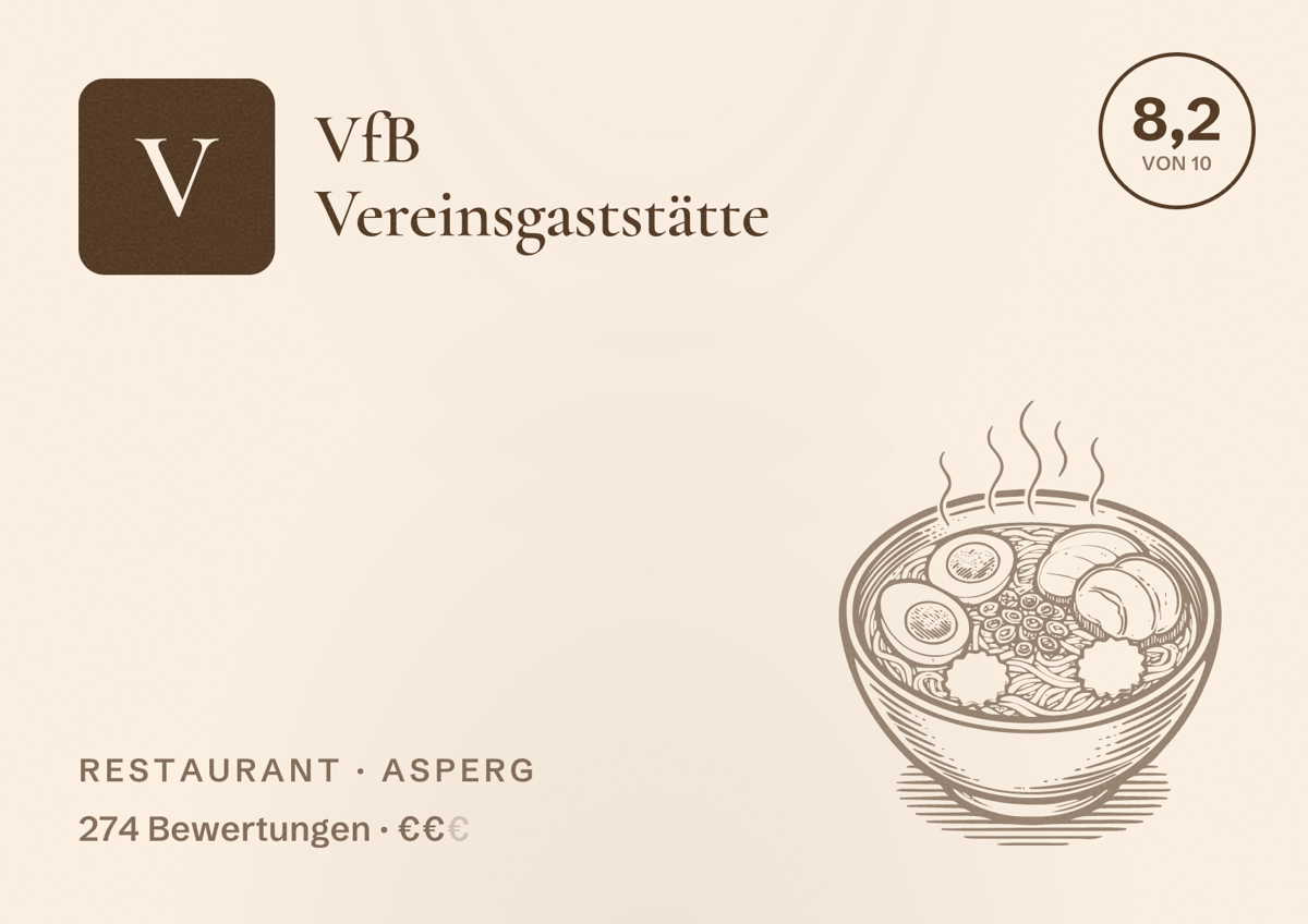 Illustriertes Poster von VfB Vereinsgaststätte, Restaurant in Asperg: Bewertung 8,2 von 10 aus 274 Bewertungen, Preisniveau €€